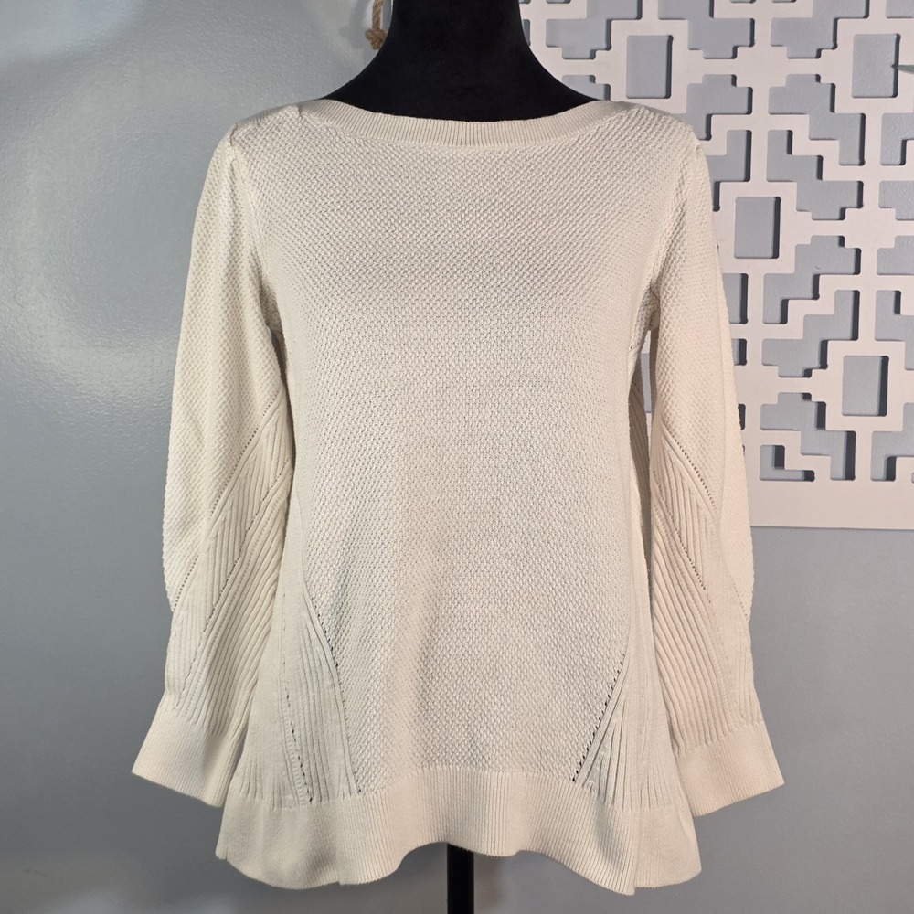 Ann Taylor Loft Womens Sweater Boat Neck Textured Ribbed Cotton Ivory Medium
